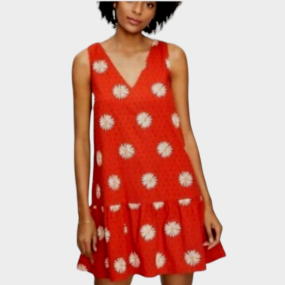 Nwot LOFT Tomato Rust/Creme Daisy's & Dots Sleeveless V Neck Ruffled Shi…